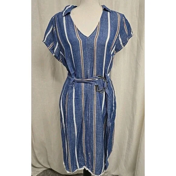Pilcro by Anthropologie Linen Blend Belted Shift Dress Blue Stripe Women’s Sz 12 - Picture 3 of 10
